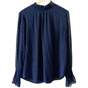 Ann Taylor Smock Neck Navy Metallic Clip Blouse